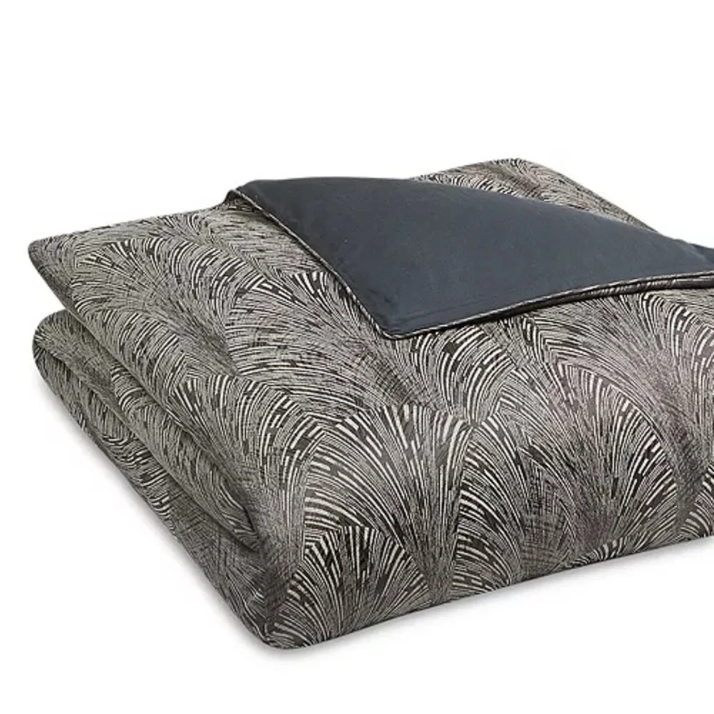 Hudson Park Collection Deco Fan King Duvet Cover, Black Grey New in Box $470